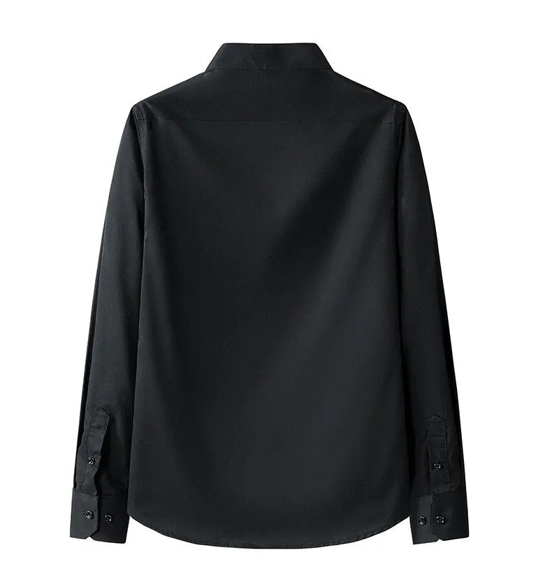 Men's stand collar long sleeve slim fit pocket shirt in black, white, and gray colours, front view