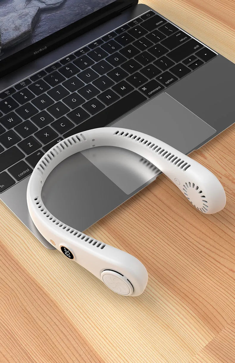 Blue portable bladeless neck fan with adjustable wind speed settings and USB charging cable