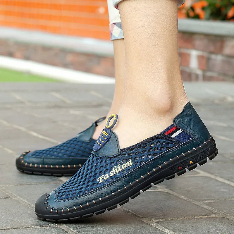 Men's brown casual mesh shoes with round toe and non-slip rubber sole.