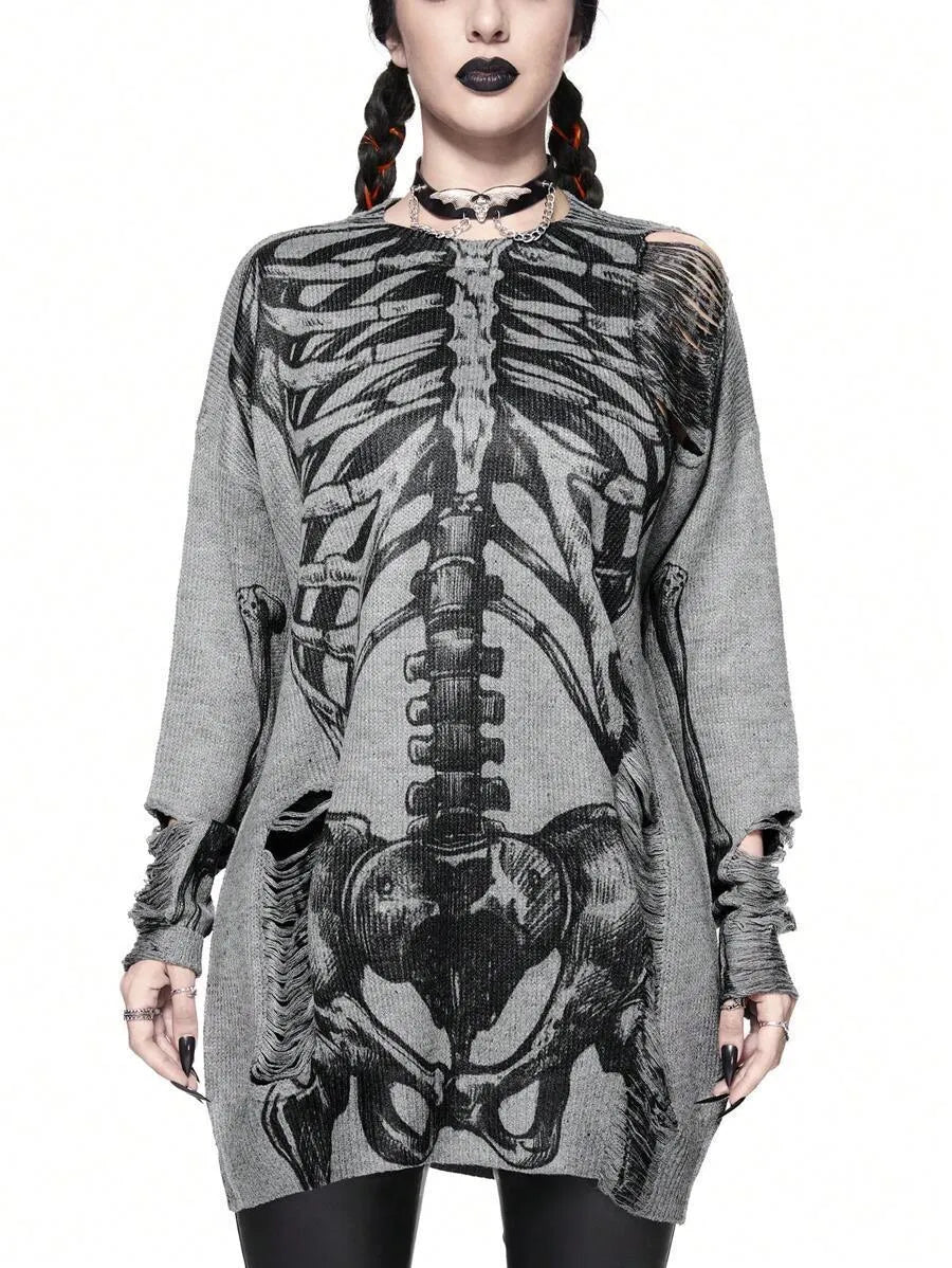 Women's gray loose fit character print knit pullover long sleeves viscose fibre