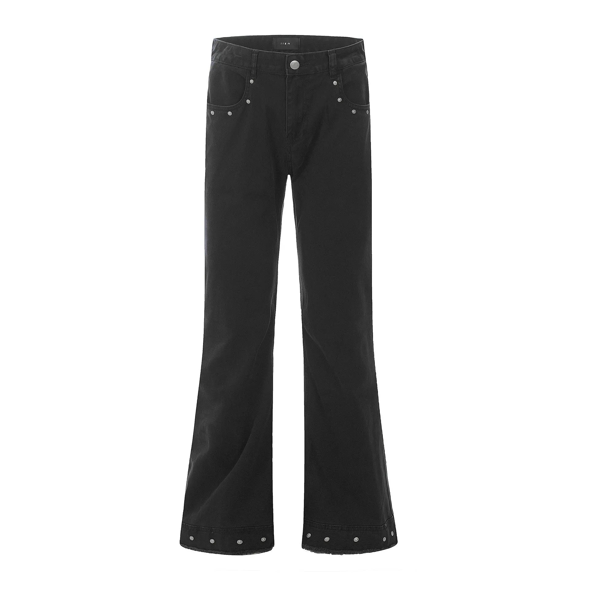 American retro straight-leg skinny jeans in black cotton fabric with a horn-shaped leg opening.