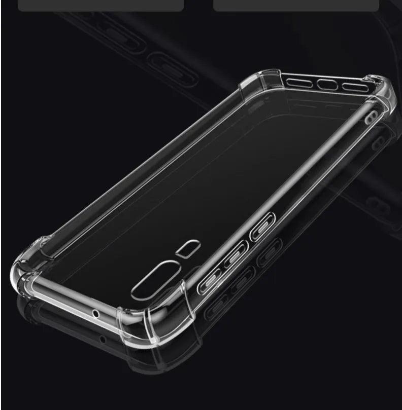 Clear transparent phone case for Huawei and Honor smartphones showing airbag protection design