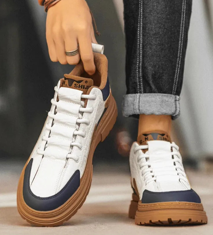 Black and white platform sneakers with thick rubber sole and microfiber leather insole