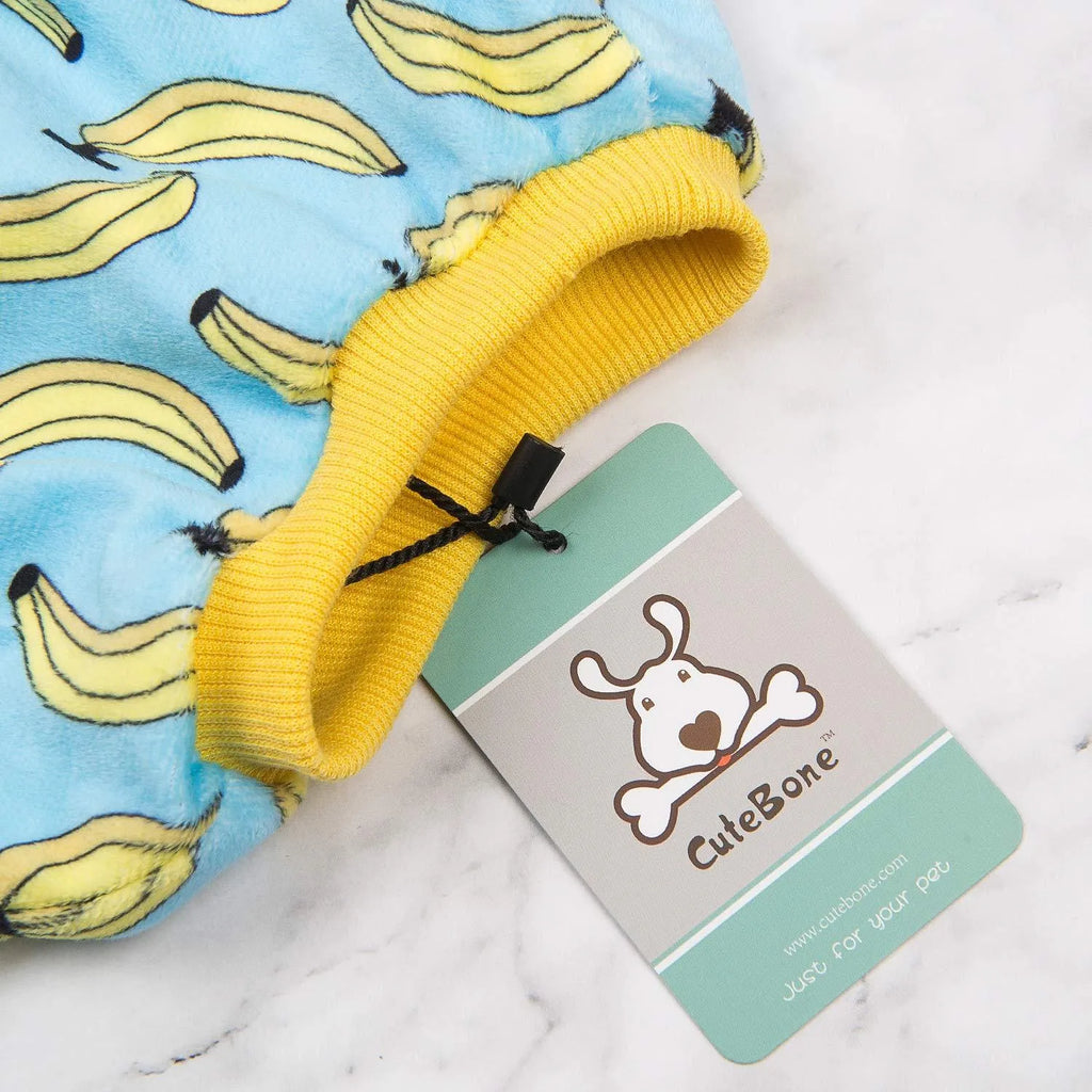 Polyester four-legs pet dog pajamas in Blue banana print, sizes XS to L, with cm measurements for collar, bust, and back length