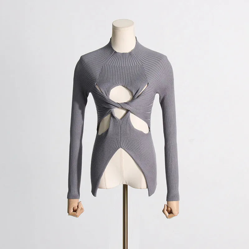 Women's slim fit twist knit pullover semi-high neck polyester top in gray, black, khaki, white