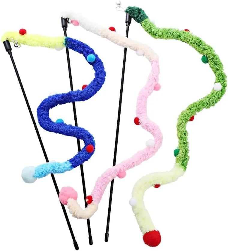Cat teaser wand with long plush strip and colourful elements for interactive play