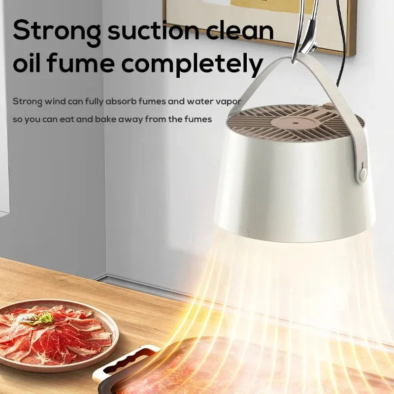 Milk white portable desktop exhaust fan with USB cable and removable filter on a kitchen countertop