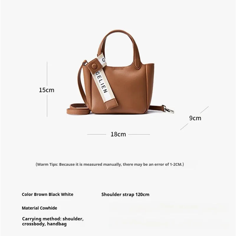 Genuine cattlehide leather cross body bucket bag in square vertical model with retro styling