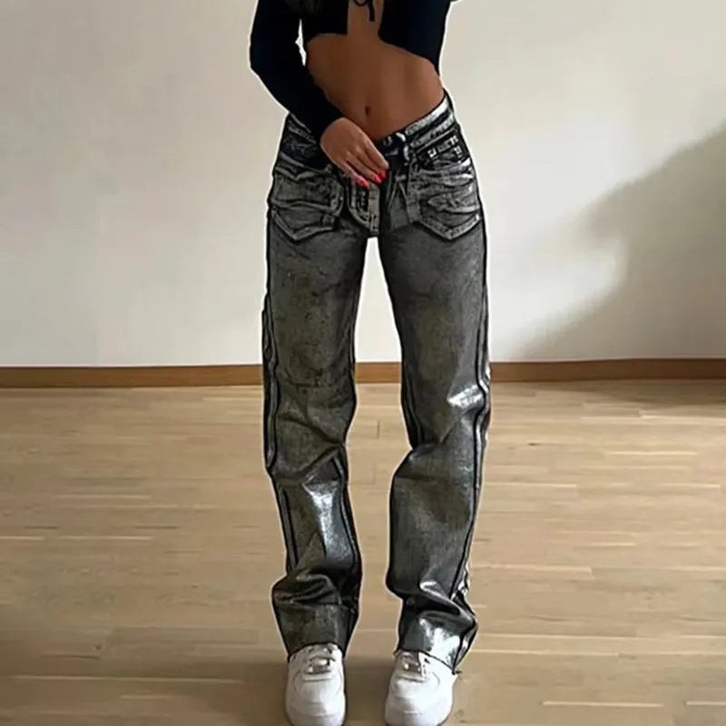Washed blue women's high waist straight leg jeans with contrast silver street hipster detail