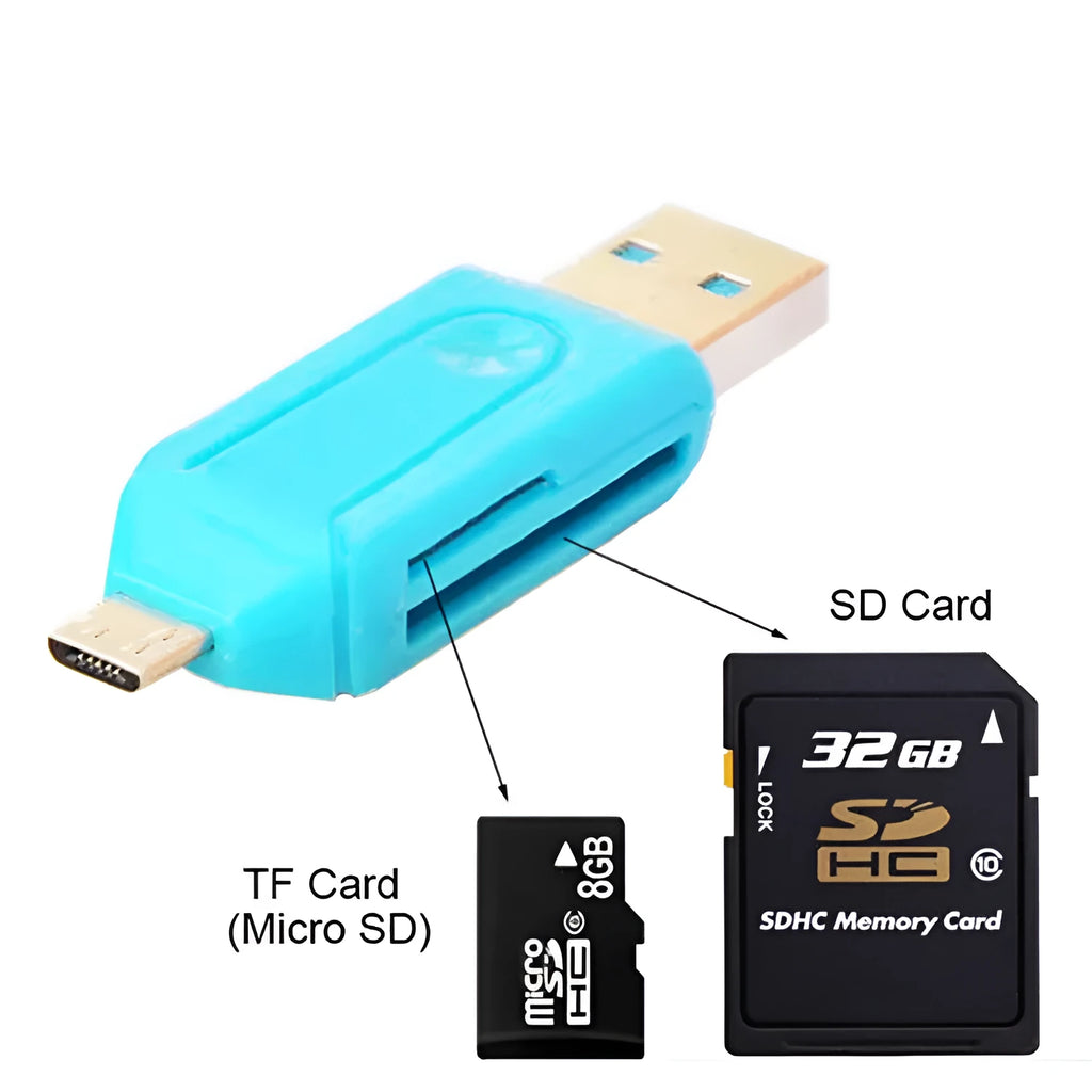 White OTG dual-purpose card reader with micro USB and USB 2.0 connectors for Android phones and computers