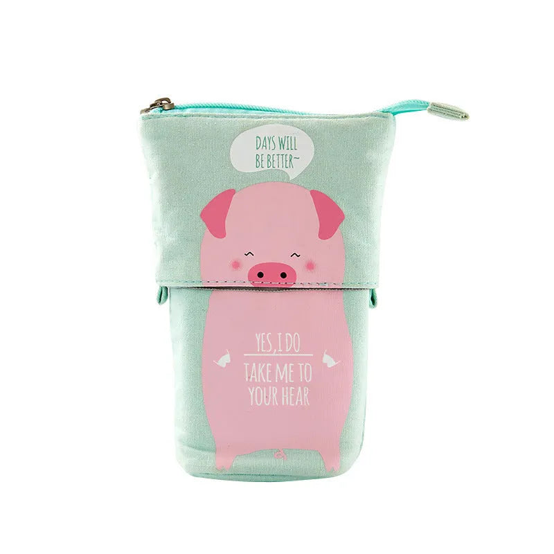 Round Korean-style canvas pencil case with cartoon animal prints measuring 19x7.5x12.5cm