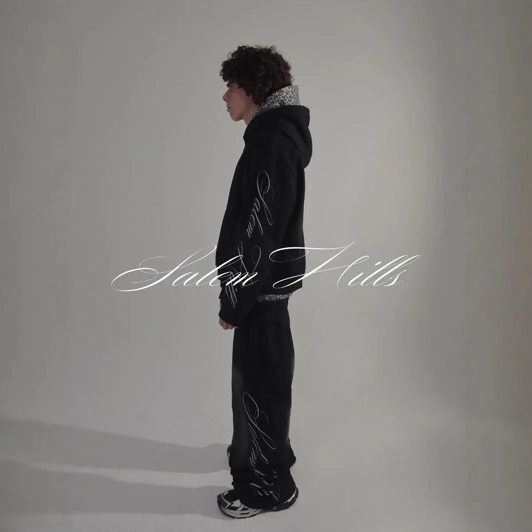 Men's punk print pullover hoodie suit set with matching pants in fleece-lined fabric