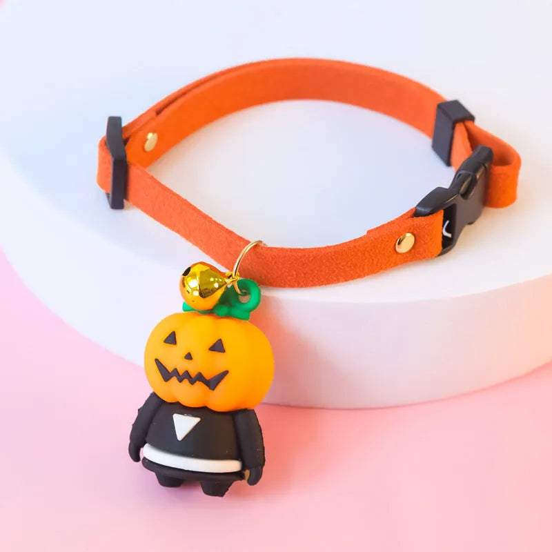 Halloween dog collar decoration in Pumpkin Man cartoon pattern showing size options.