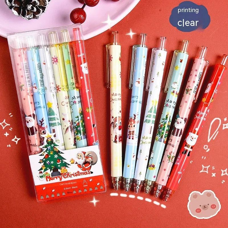 Six black gel pens with cartoon-themed plastic casings packaged as Christmas reward gift set