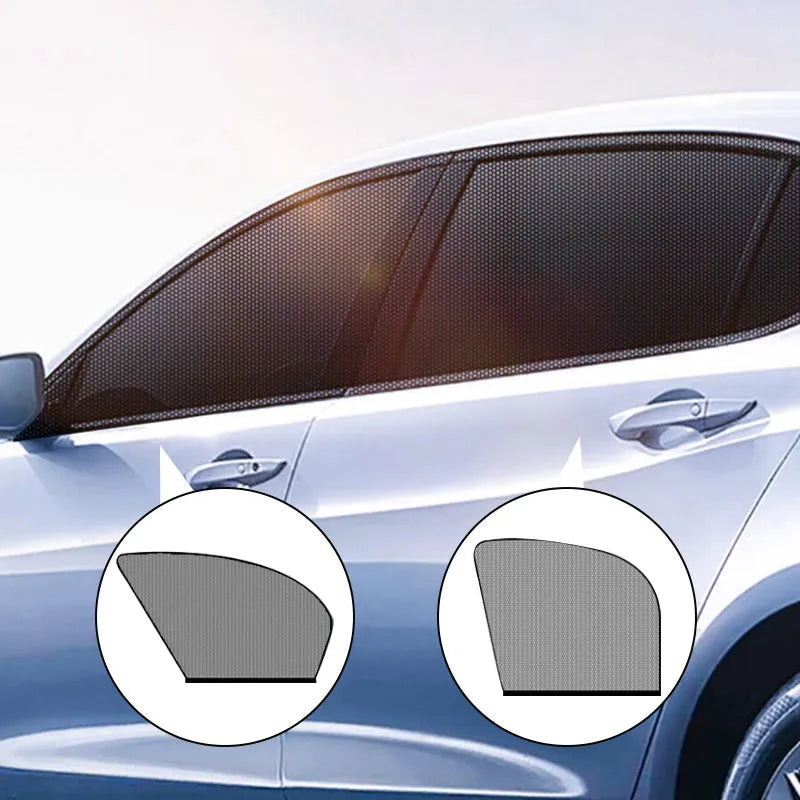 Car side window mesh sunshade showing non-woven fabric screen with elastic edge installation on vehicle window