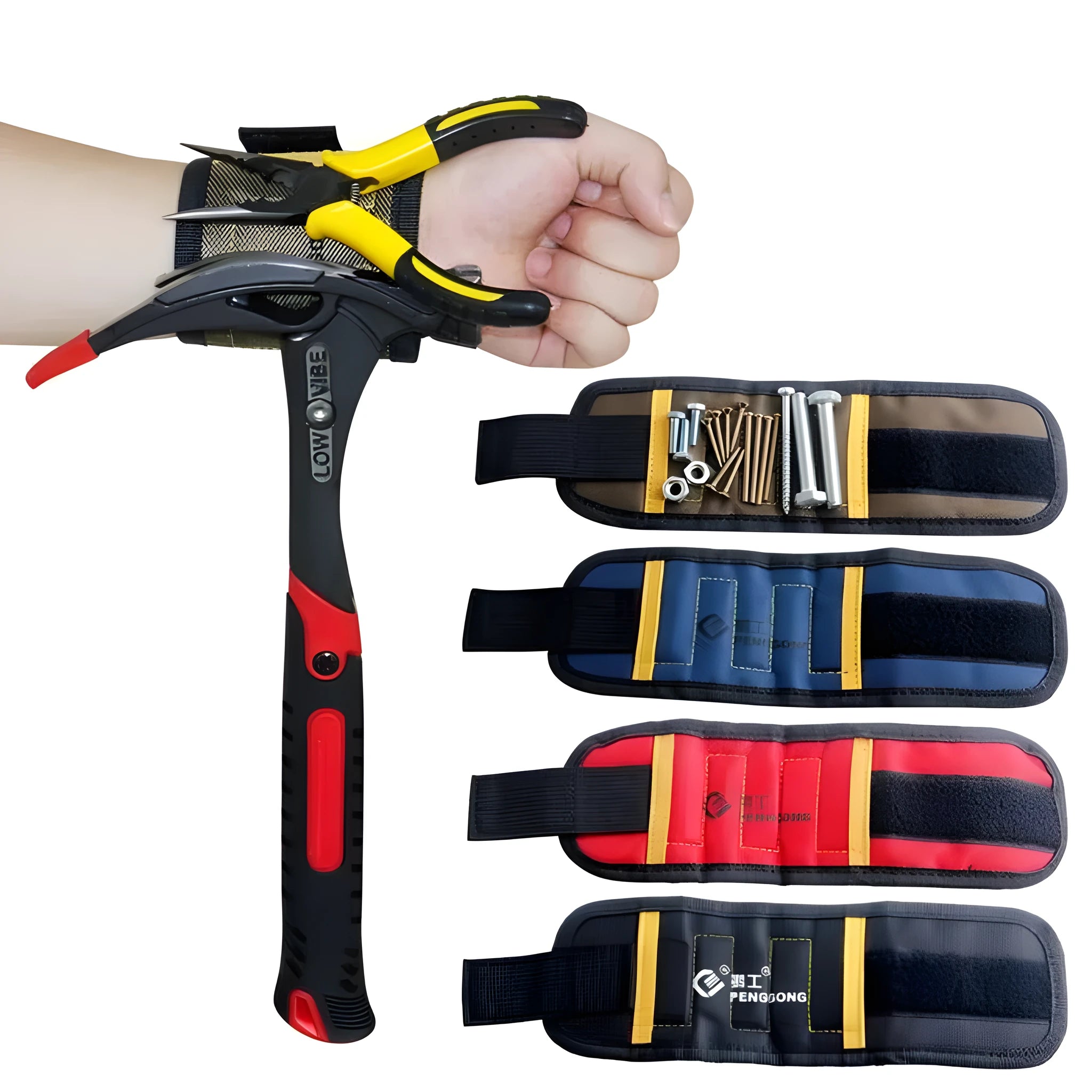 Adjustable magnetic wristband with five strong magnets, 1680D Oxford cloth, black colour, on a workbench
