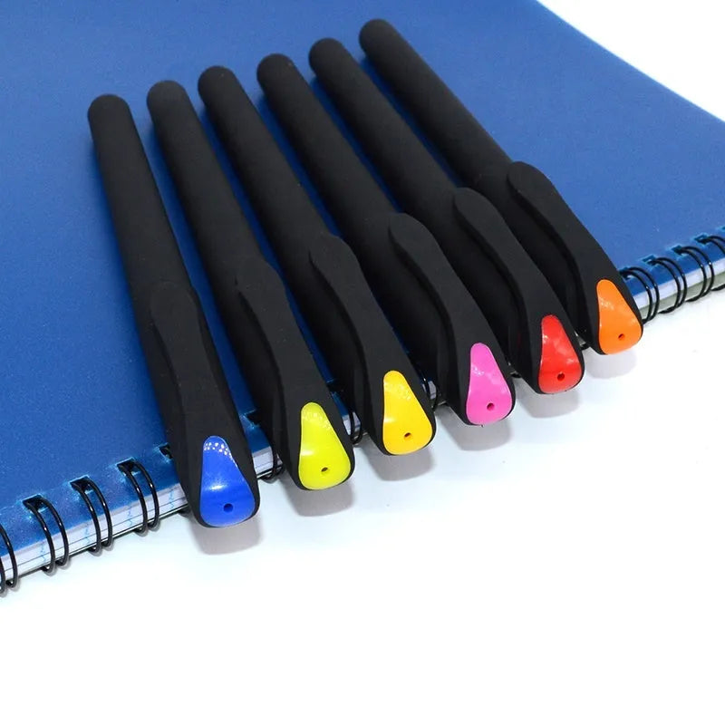 Set of 10 plastic gel pens with various coloured barrels and black ink refills showing 14cm length