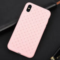 Luxury grid weaving pattern TPU iPhone case in multiple colours, showing raised lips and precise button cutouts.