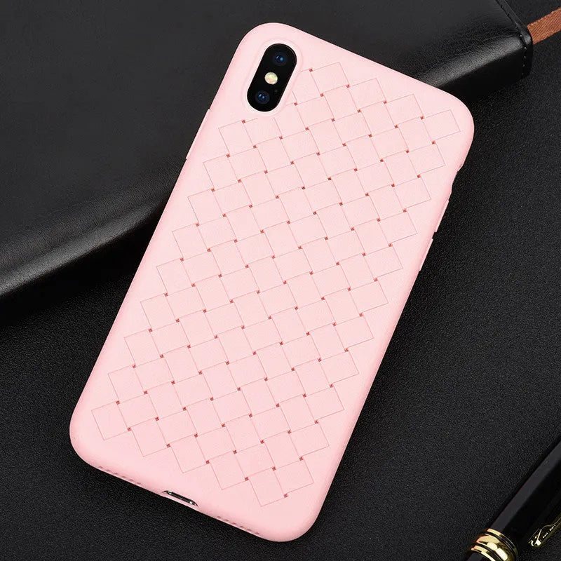 Luxury grid weaving pattern TPU iPhone case in multiple colours, showing raised lips and precise button cutouts.