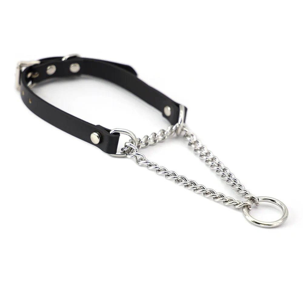Black leather dog collar with chain tightening mechanism and matching leash