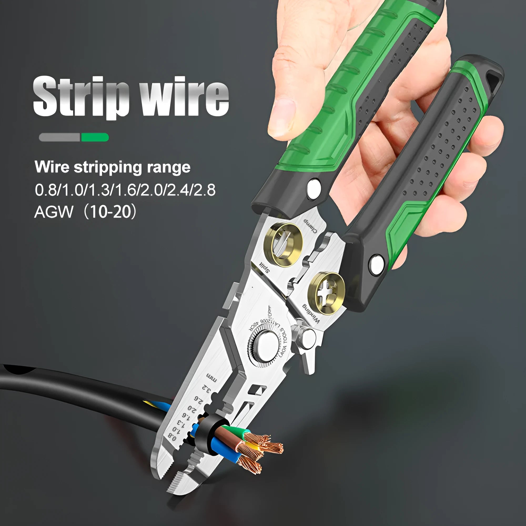 Stainless steel 7-in-1 wire stripper tool with straight handle and multiple stripping apertures