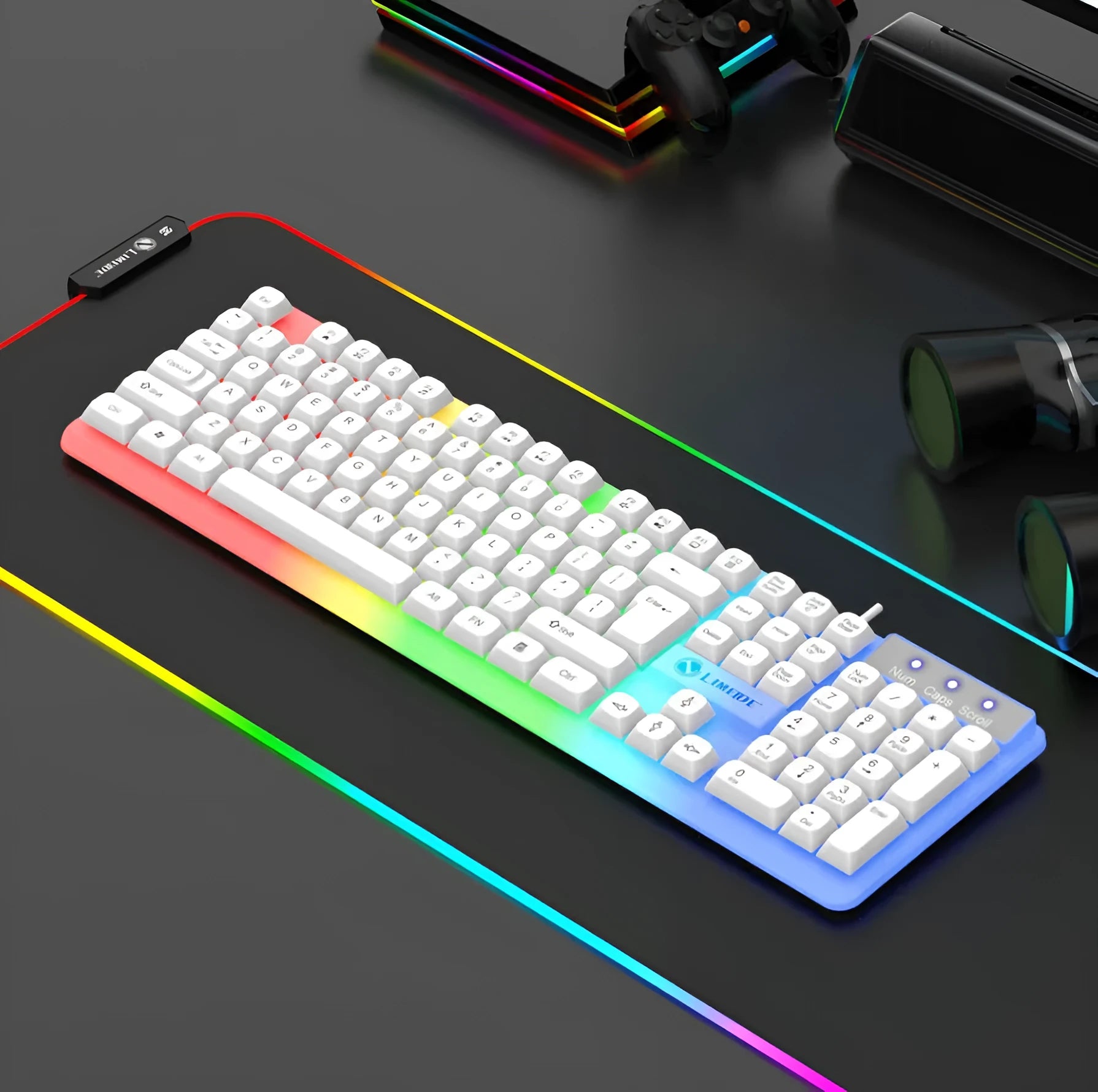TX35 mechanical feeling keyboard in white colour with USB cable connected to laptop