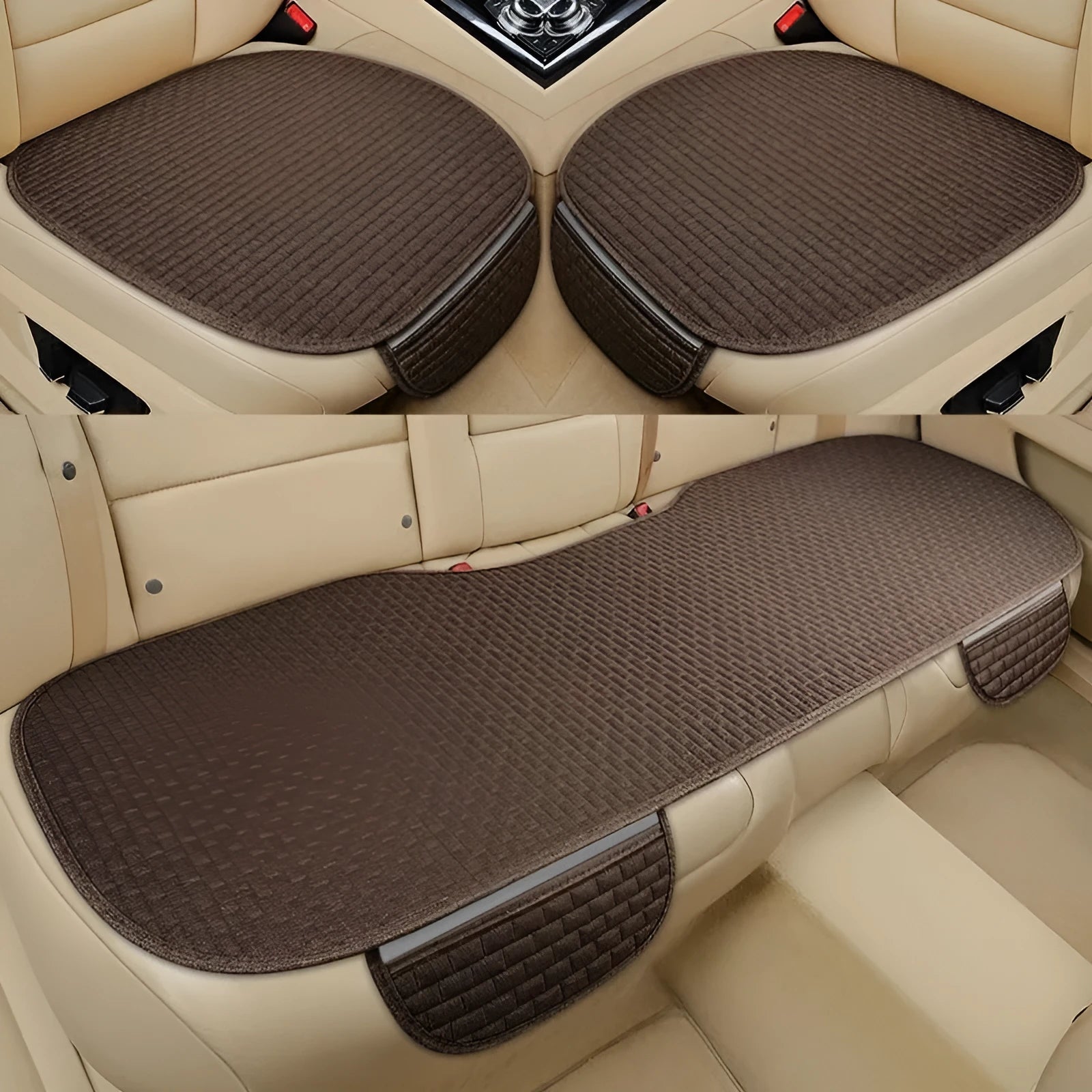 Linen car seat cushion set with hemmed edge in coffee, black and red, or cream colours for four-season protection