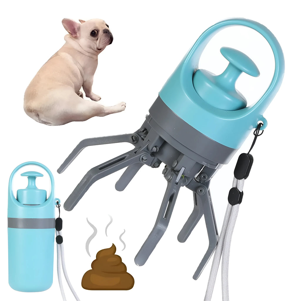Blue portable dog pooper scooper with claw mechanism and built-in bag dispenser