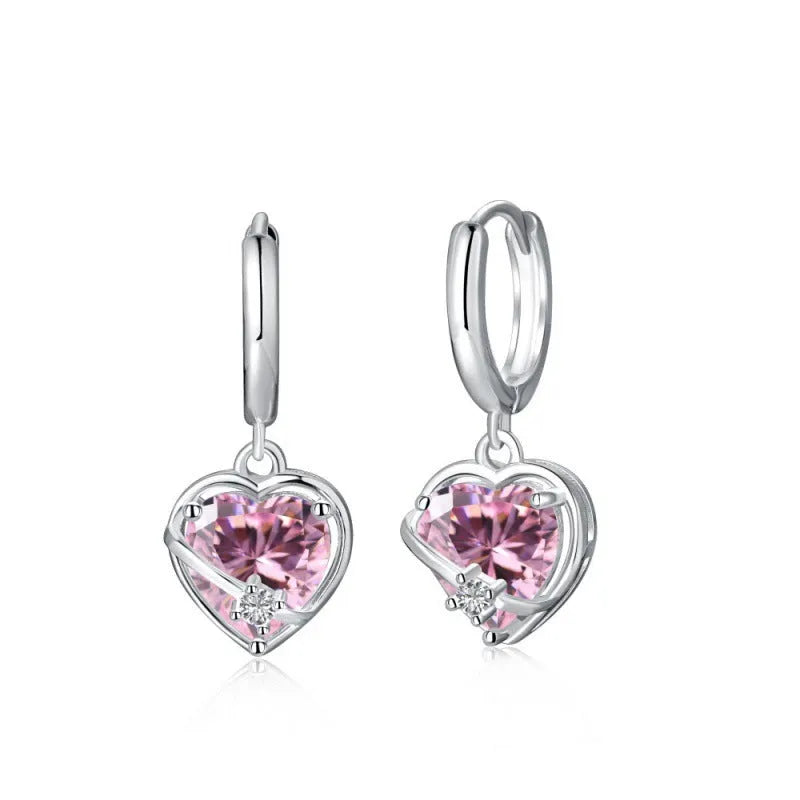S925 sterling silver heart shaped earrings for women in pink electroplated finish on white background