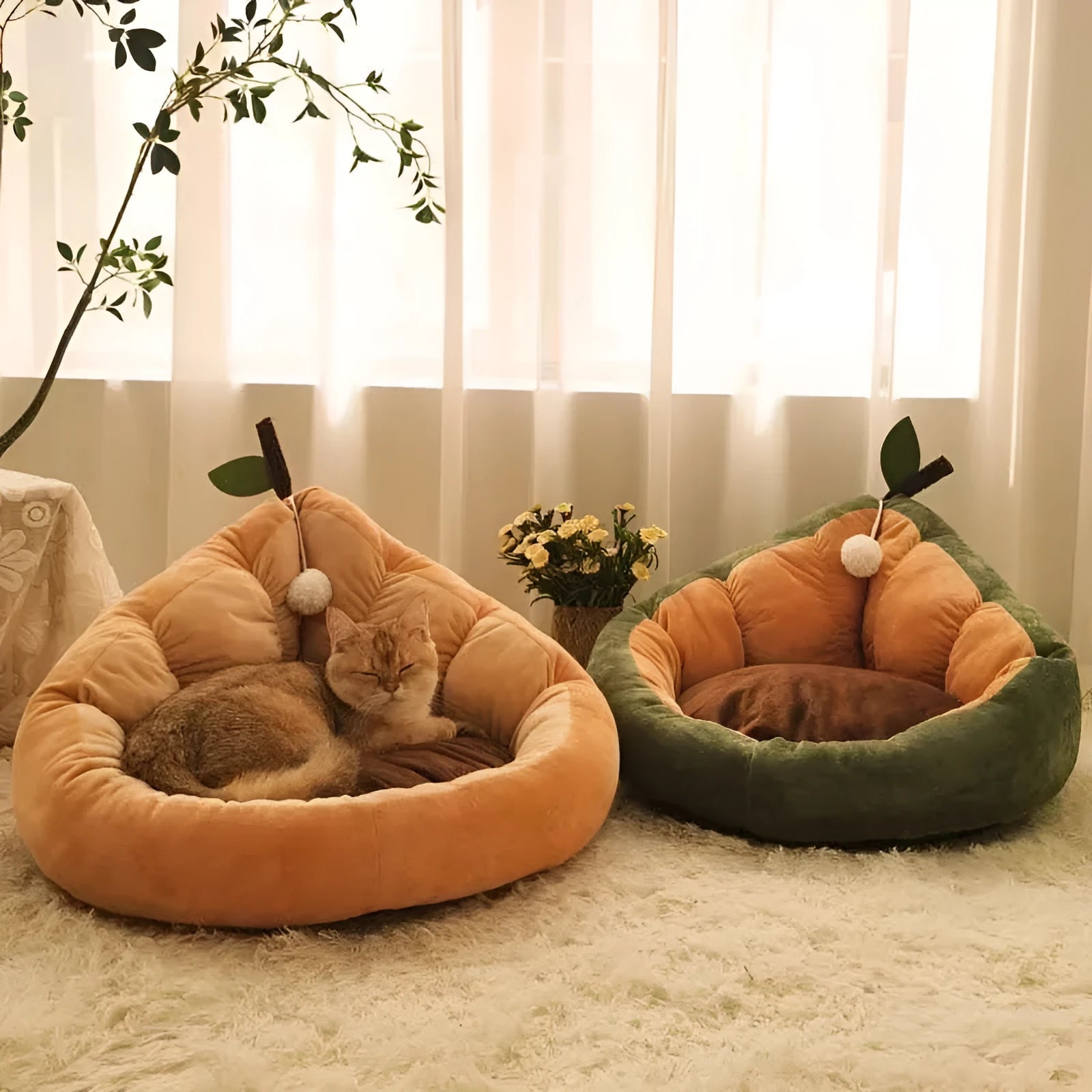 Coffee-coloured cotton pet bed house for a cat, showing plush cushion inside.