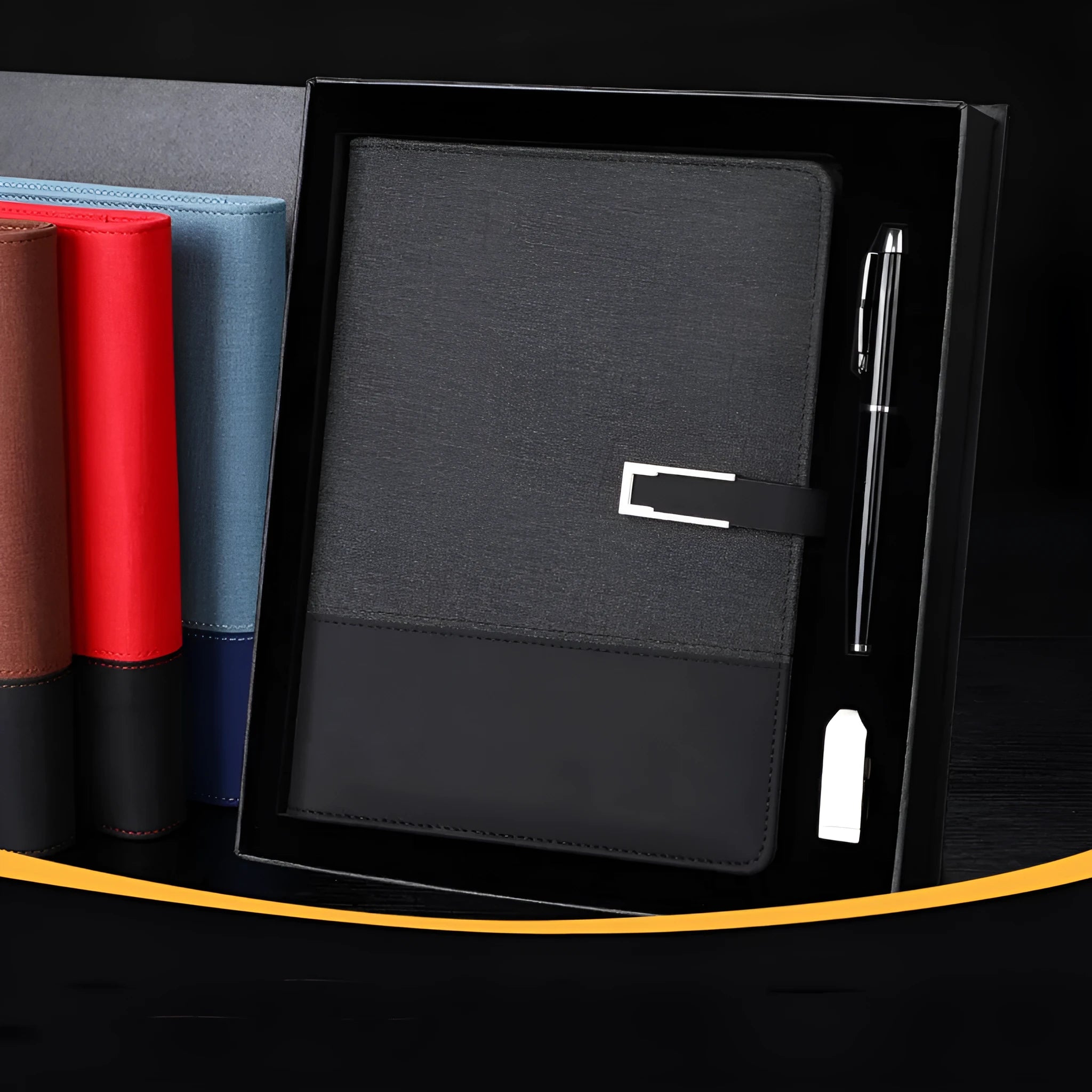 A5 soft PU leather business notebook in brown, black, green, red, or blue with gift box option