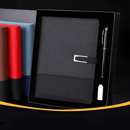 A5 soft PU leather business notebook in brown, black, green, red, or blue with gift box option
