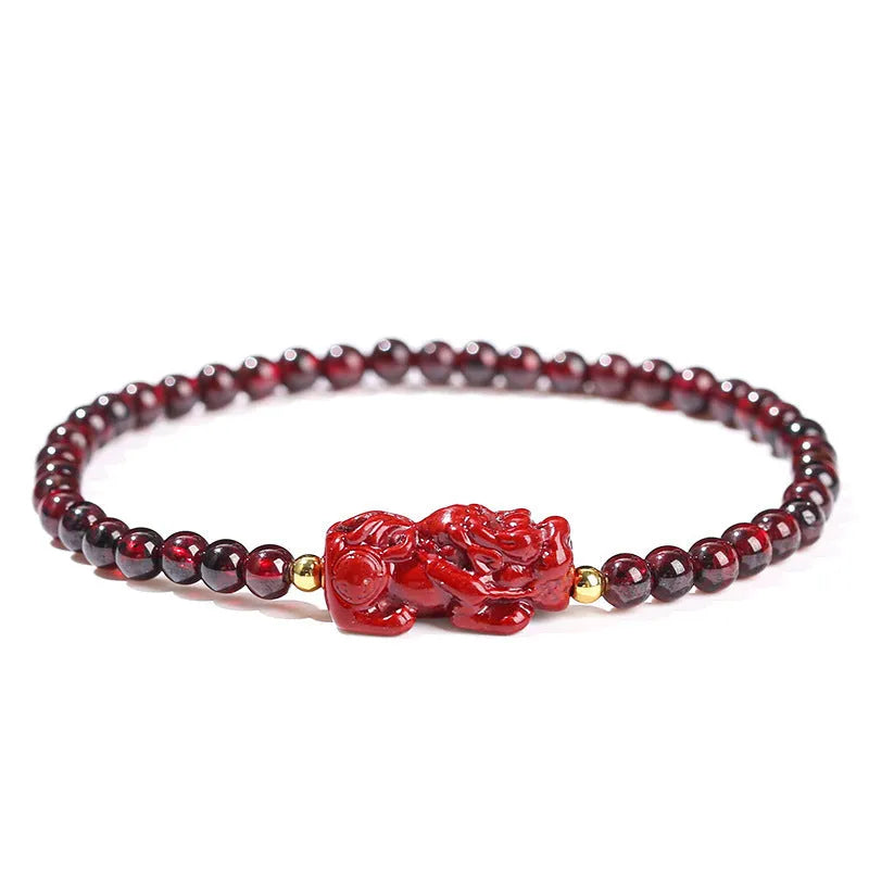 Square garnet bracelet with Pixiu carving in purple sand colour