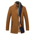 Men's khaki woollen overcoat with double collar and patch pockets