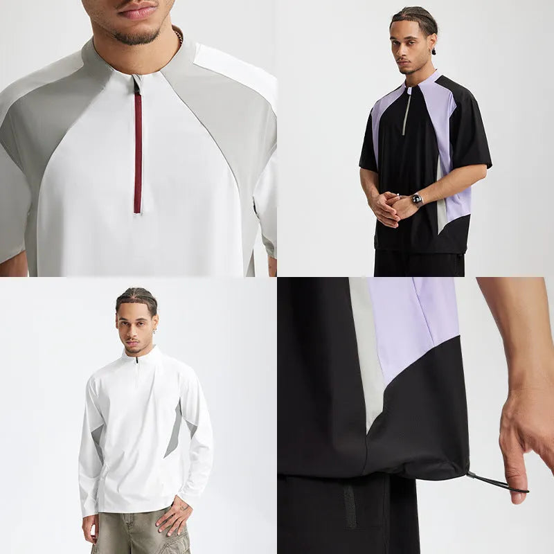 Men's solid colour lightweight polyester casual top shown in black and beige with both sleeve length options.