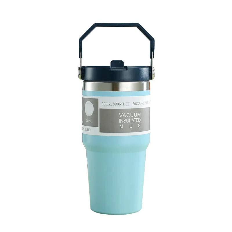 30oz stainless steel insulated travel cup with handle and sliding lid in multiple colour options