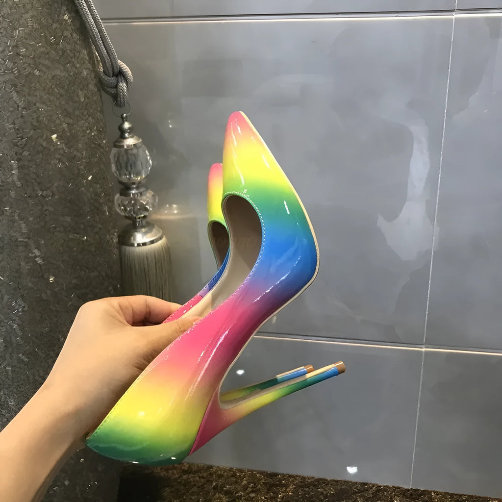 Rainbow patent leather women's high heel shoe with pointed toe and thin stiletto heel