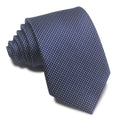 Close-up of a red, black and blue striped men's polyester tie with a jacquard weave.