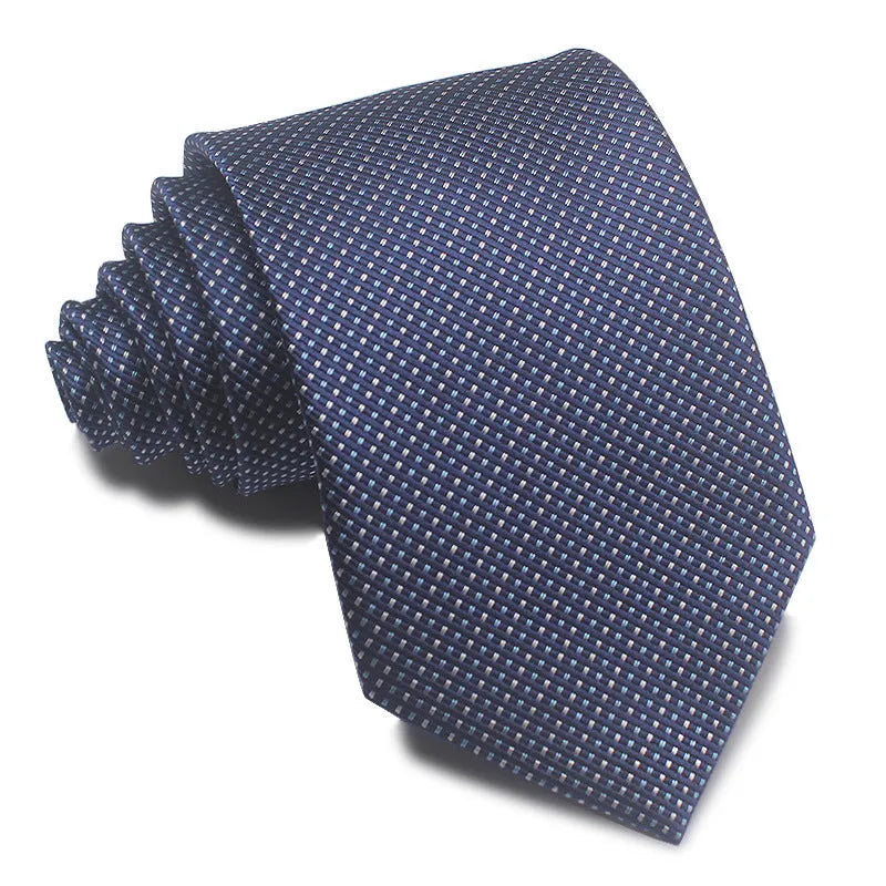 Close-up of a red, black and blue striped men's polyester tie with a jacquard weave.