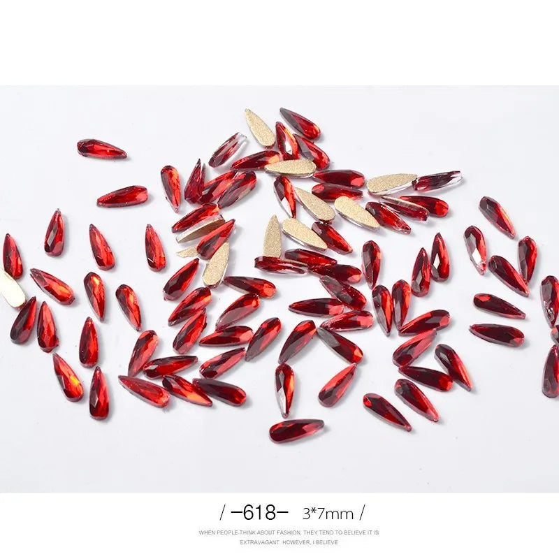 10 acrylic 3D nail art rhinestones in long water drop shape, 7x3mm, glitter finish, eleven colour options