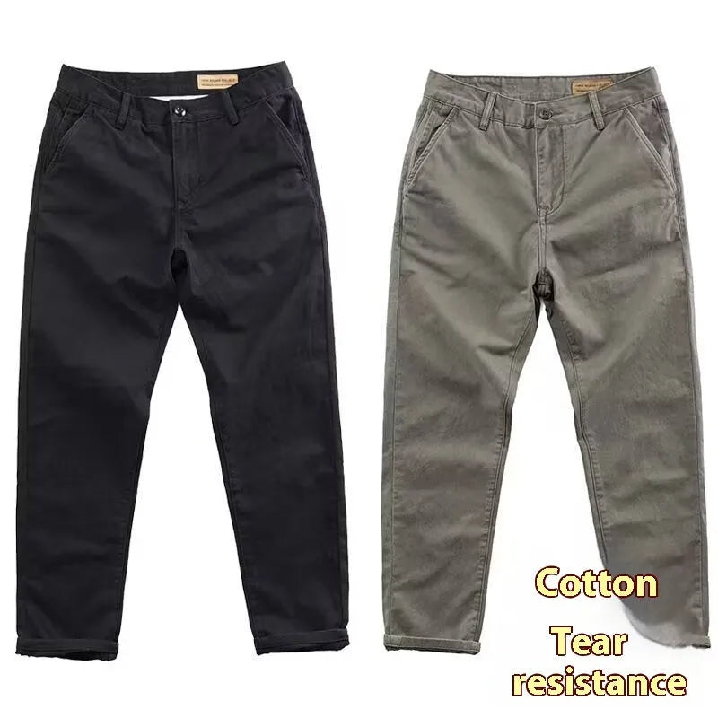 Men's slim washed casual trousers in micro elastic fabric, straight leg cut, shown in black, gray, khaki, navy blue