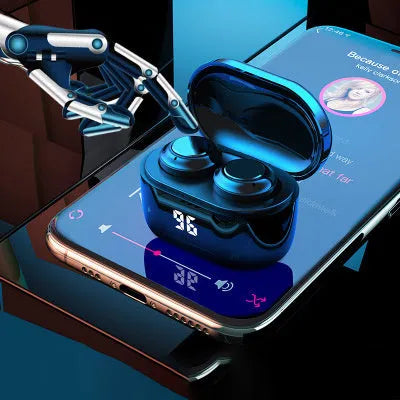 Black stereo Bluetooth wireless earbuds with a charging case.