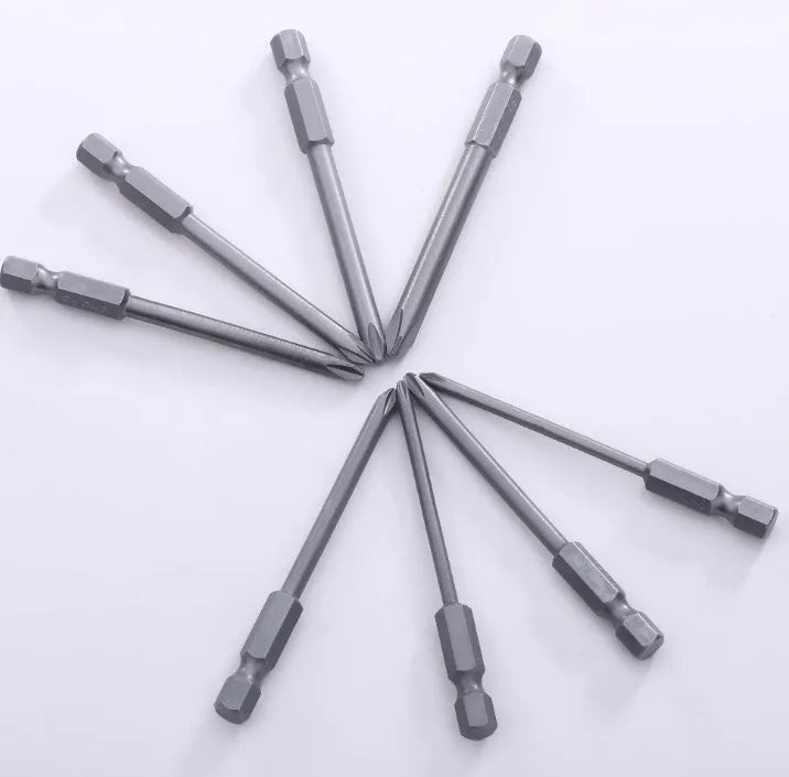 Set of eight 75mm long magnetic Phillips head screwdriver bits with 1/4 inch hex shanks on a grey background