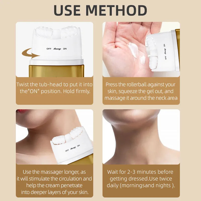 Neck cream container with integrated massage roller tool for dry skin treatment