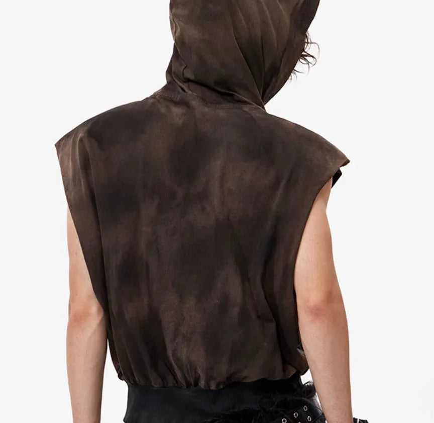 Men's khaki cotton short hood vest with short sleeves on mannequin