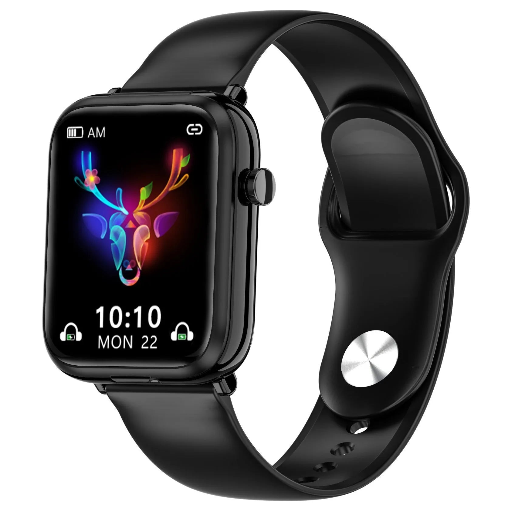 Black all-touch smartwatch with 1.69-inch screen and integrated Bluetooth earbuds on a wrist.