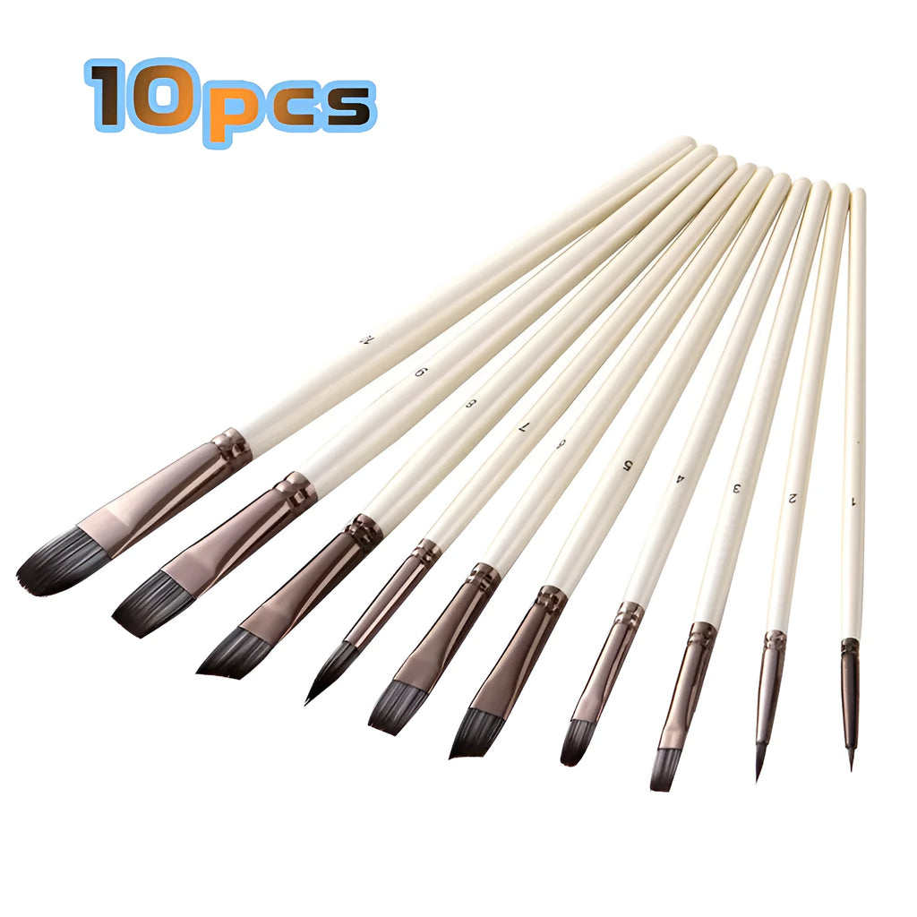 10 pearl white oil painting brushes with wooden handles and nylon bristles