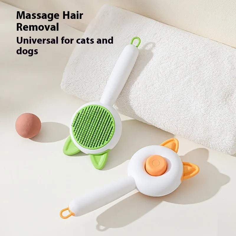 Self-cleaning pet hair comb for cats in greenish white and orange white colour options