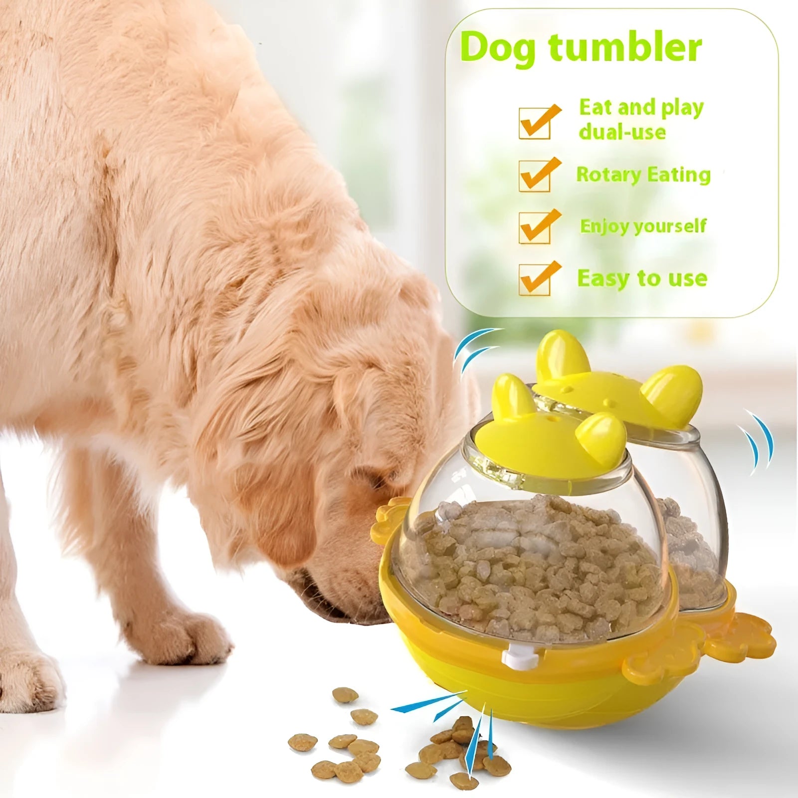 Yellow TPR pet food feeder tumbler toy for dogs measuring 11.2 x 13.9 x 12.2 cm