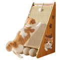 Vertical wall-mounted cat scratch board with sisal surface and a hemp rope ball toy.